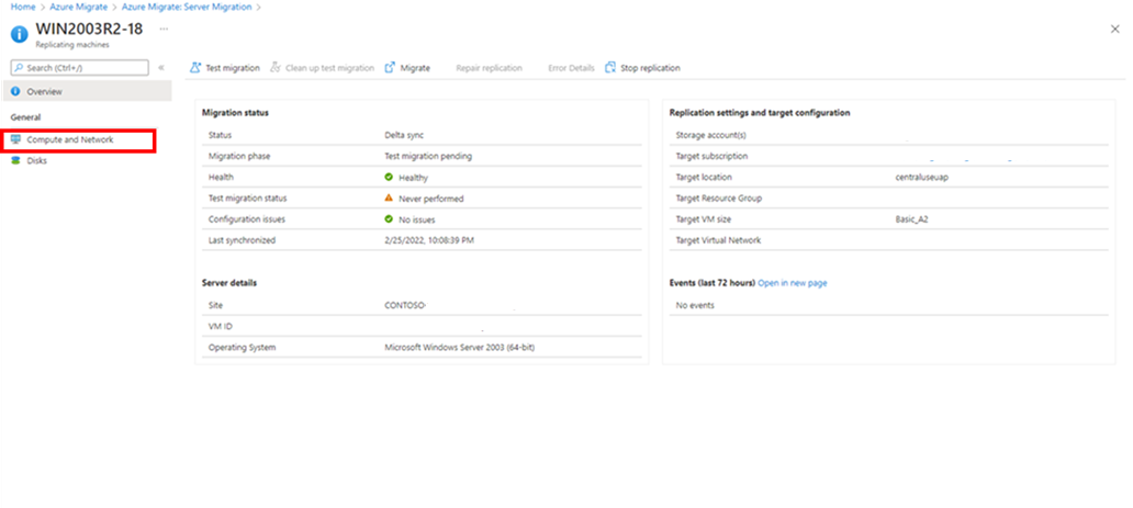 Screenshot shows the location of network and compute option on the details page of replicating machine.