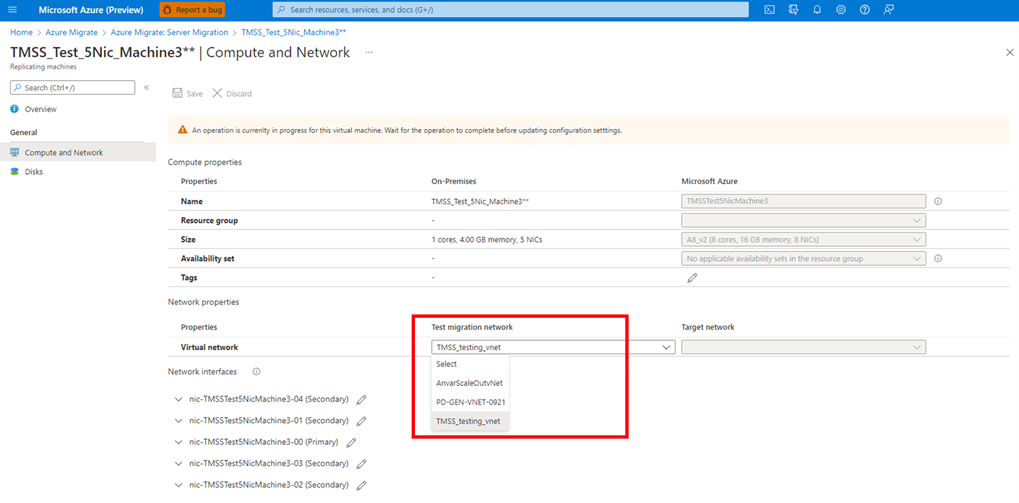 Screenshot shows where to select VNet in replicating machine's network and compute options.