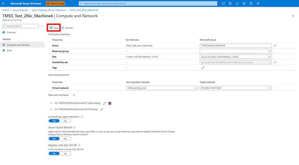 Screenshot shows the network and compute options screen of replicating machine and highlights the save button.