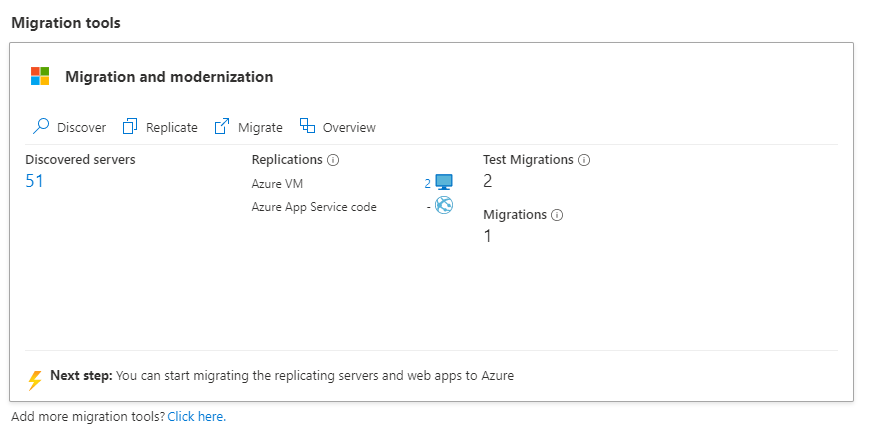 Screenshot of the Migration and Modernization screen.