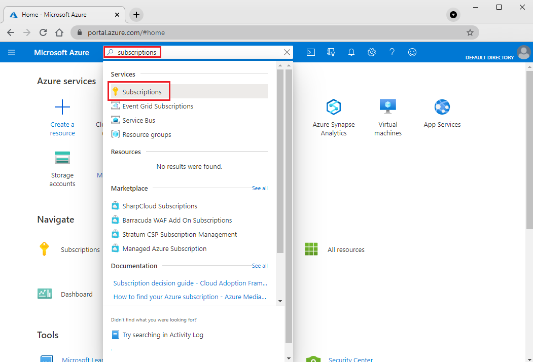 Search box to search for the Azure subscription.