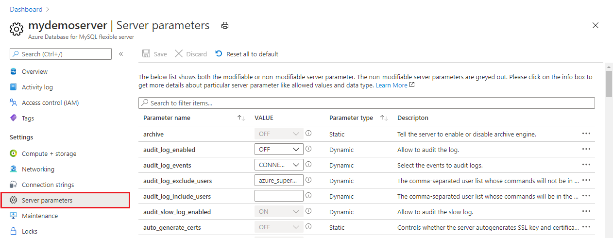 Screenshot showing the 'Server parameters' list.