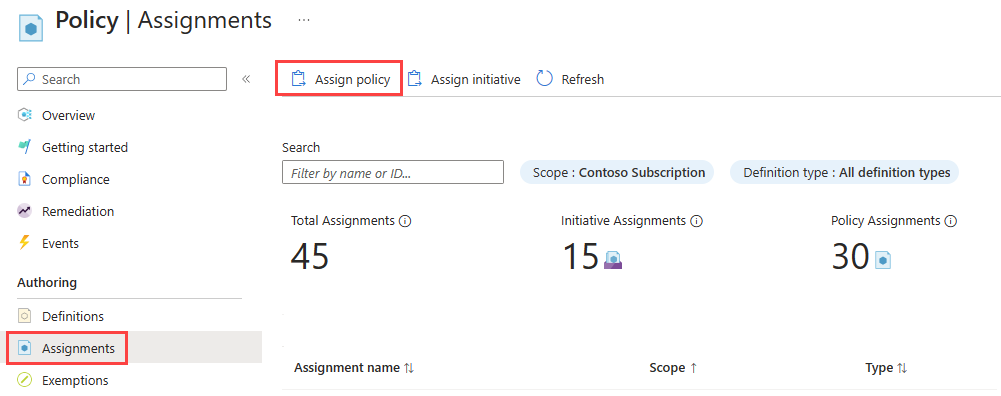 Screenshot that shows how to assign a policy in the Azure portal.