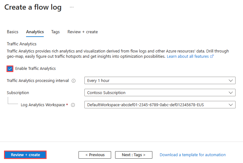 Screenshot that shows how to enable traffic analytics for a new flow log in the Azure portal.