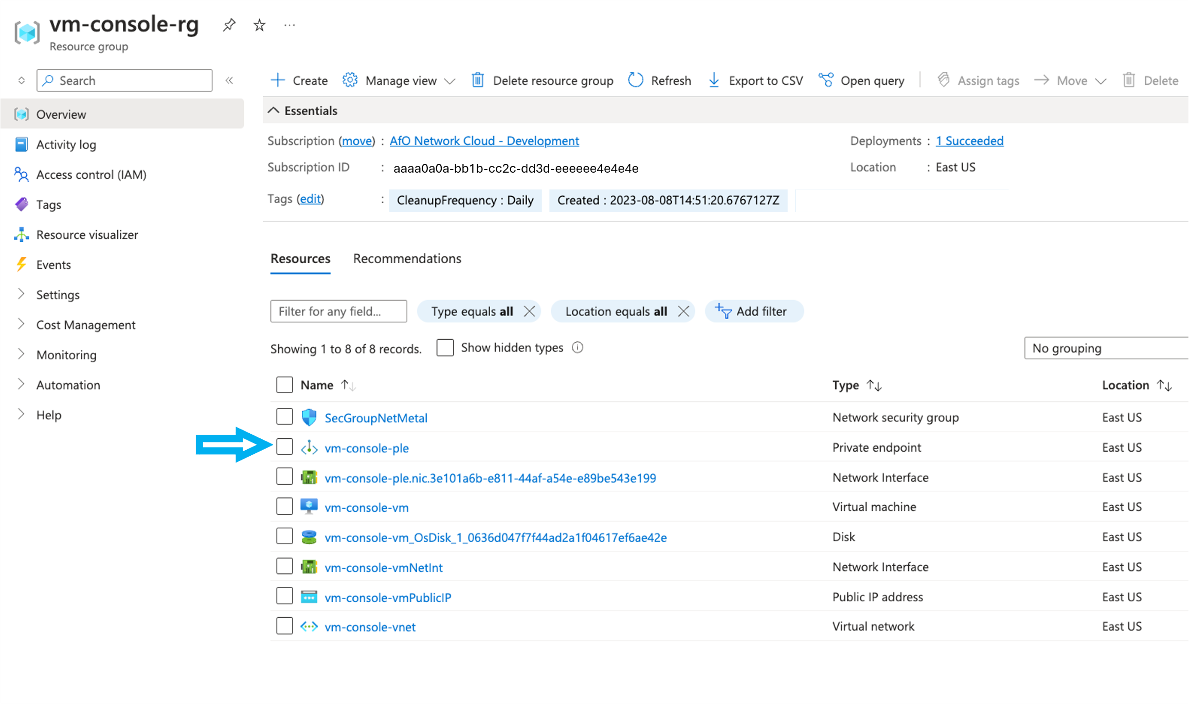 Screenshot that shows the Private endpoint in its Resource Group.