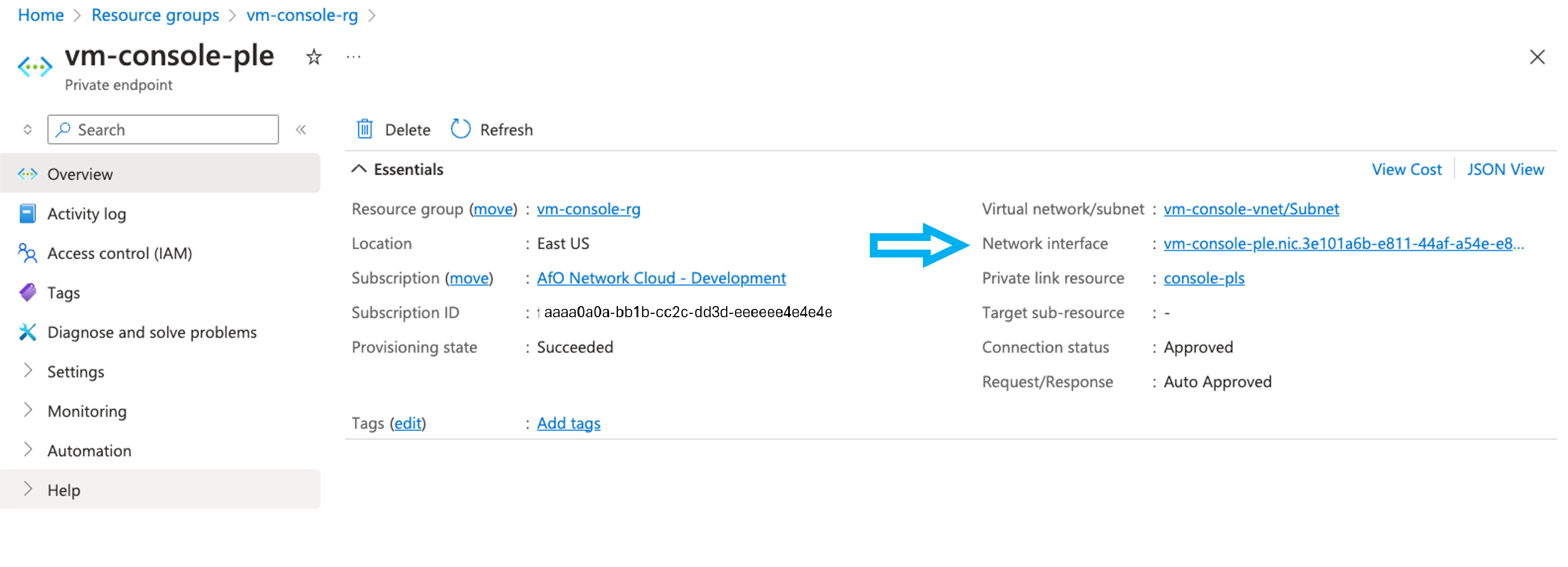 Screenshot that shows the details of the Private endpoint network interface.