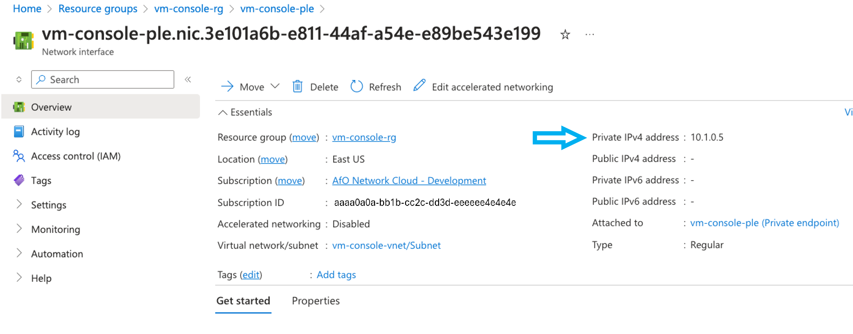 Screenshot that shows the details of the Private IPV4 address.