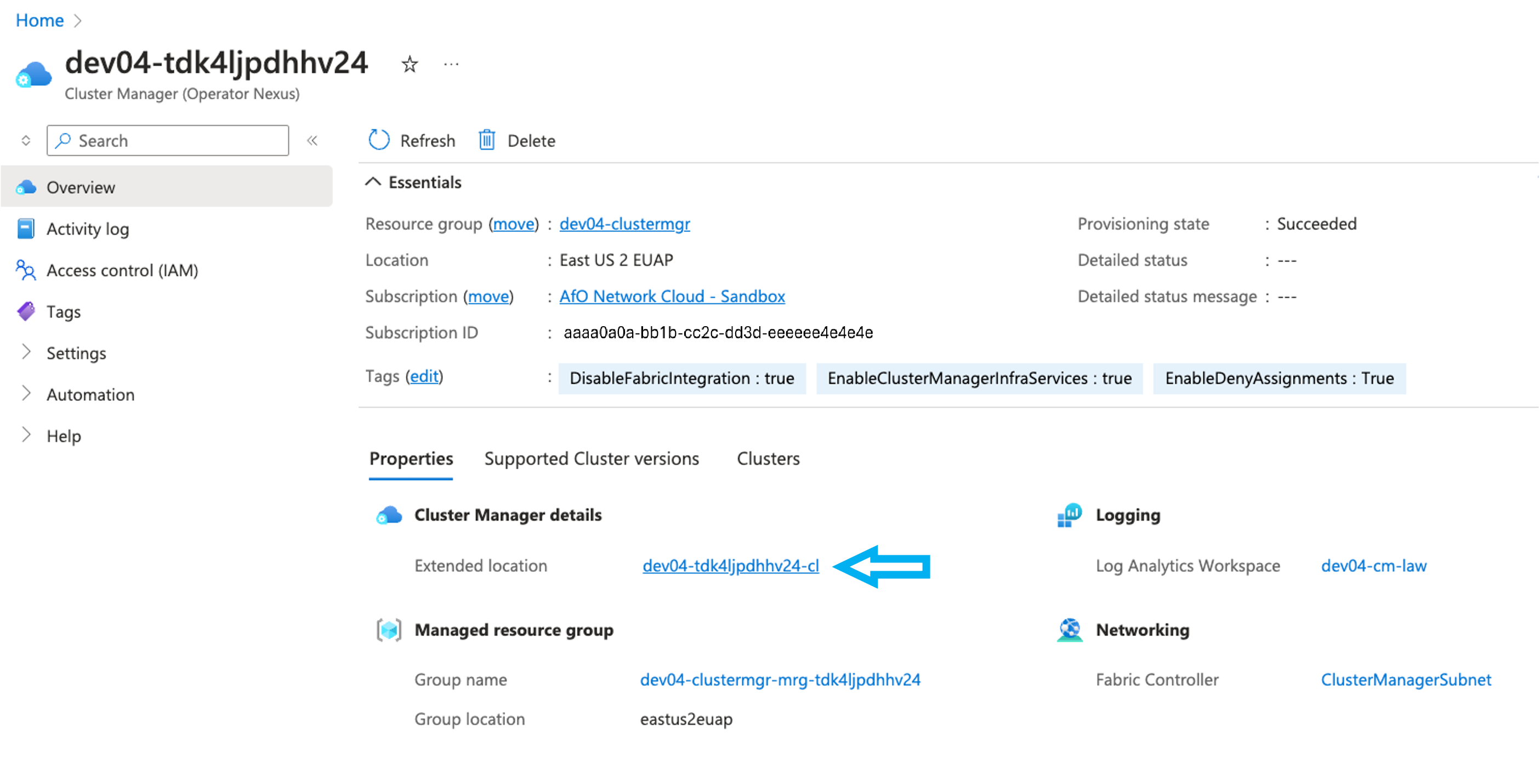 Screenshot that shows the Extended location of the cluster manager.