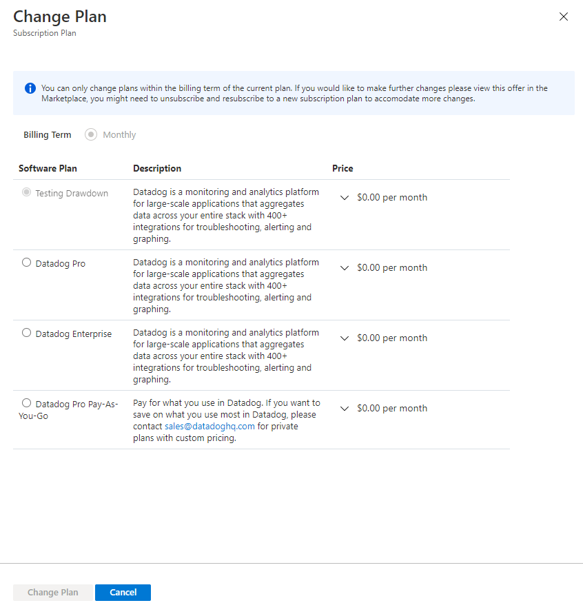 Select the Datadog billing plan to change.