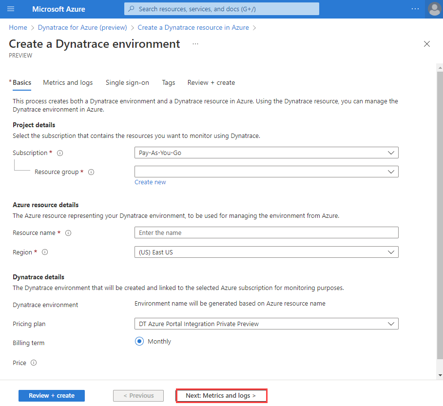 Screenshot of basic properties needed for new Dynatrace instance.