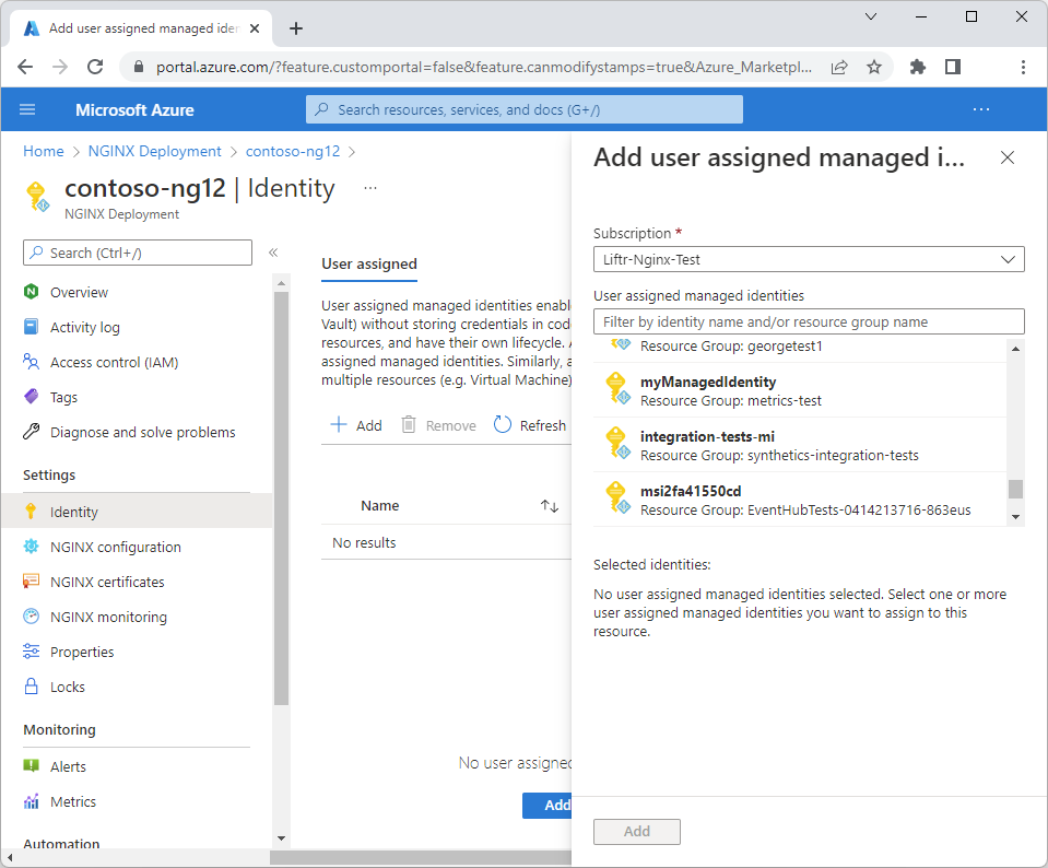 Screenshot showing how to add a managed identity to NGINXaaS resource.