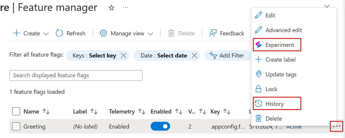 Screenshot of the Azure platform showing the variant feature flags menu.