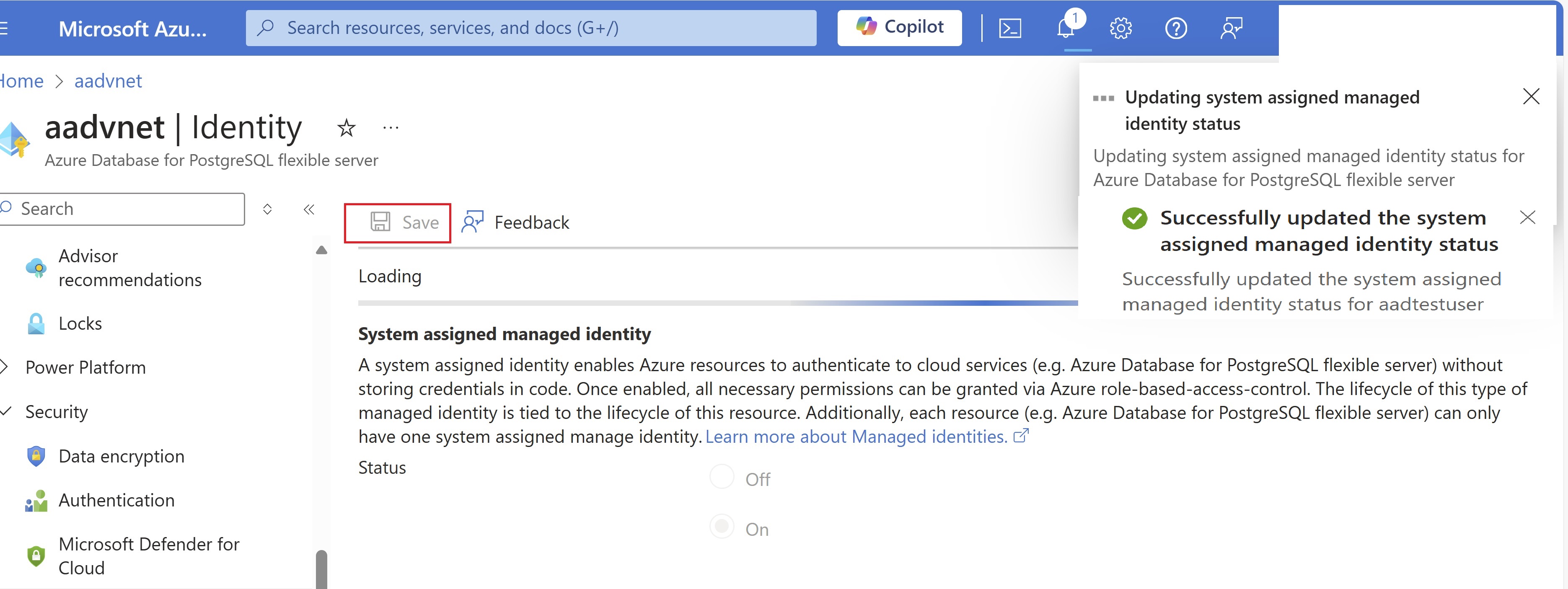 Screenshot showing system assigned managed identity.