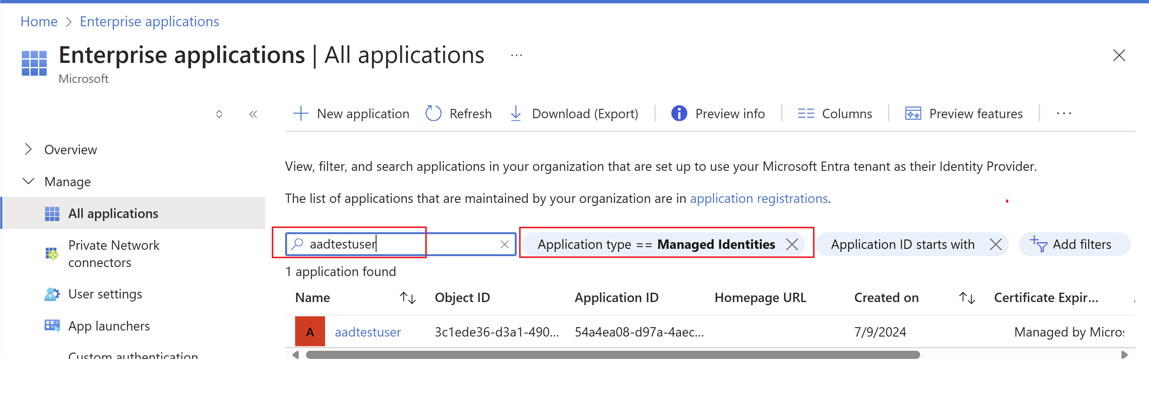 Screenshot verifying system assigned managed identity.