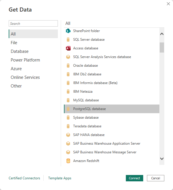 Screenshot of adding a postgresql connection in Power BI.