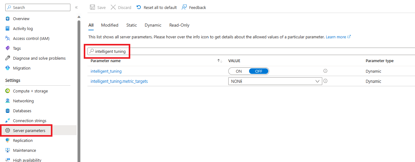 Screenshot of the pane for server parameters with a search for intelligent tuning.