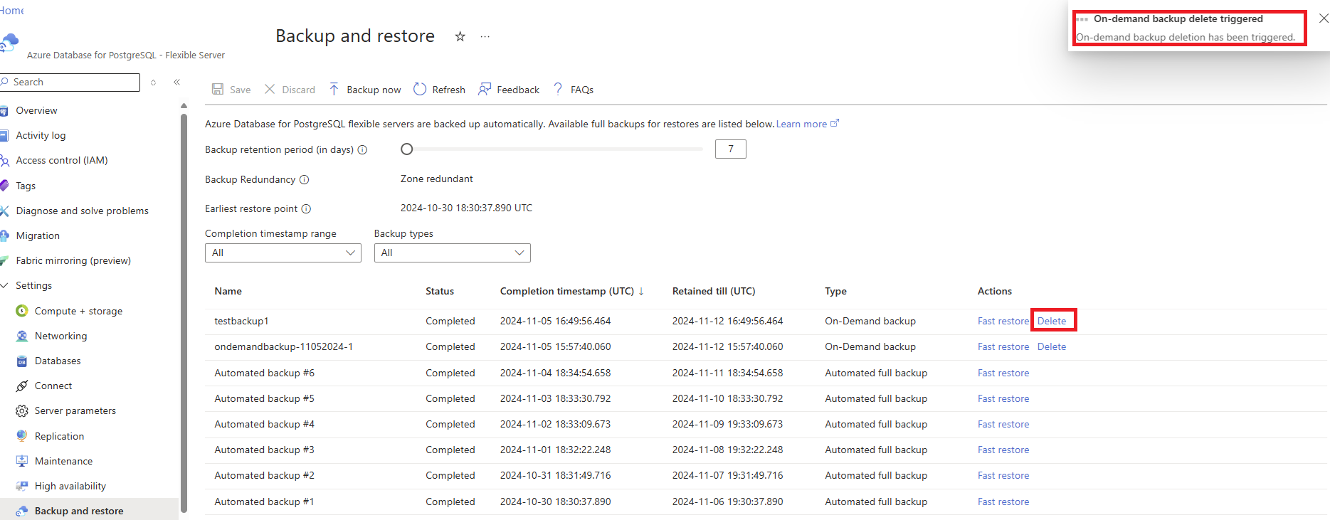 Screenshot of delete backup selection.