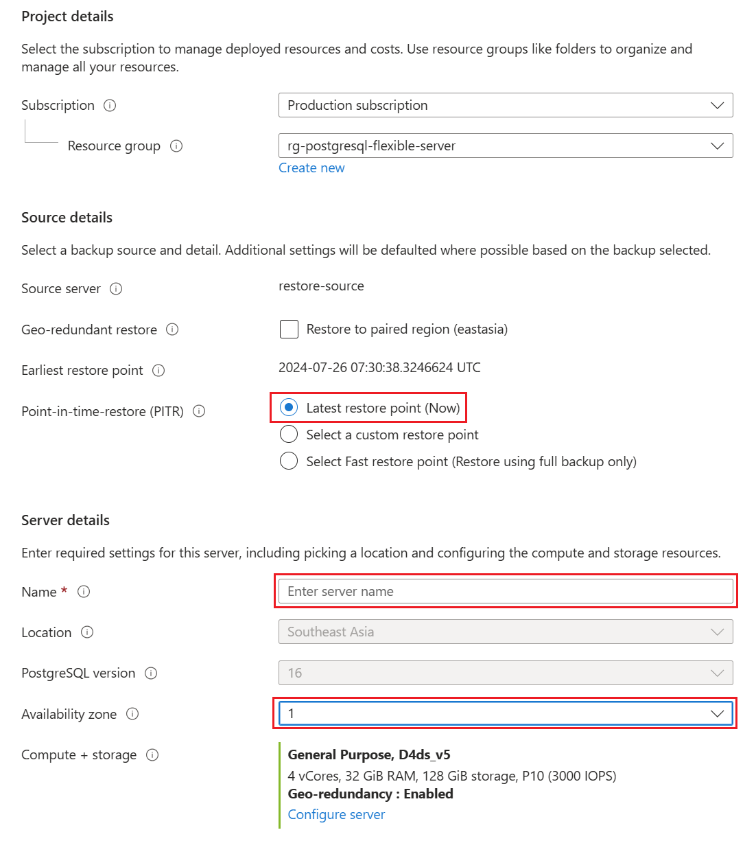 Screenshot that shows selections for restoring to the latest restore point.