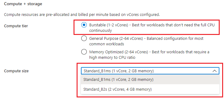 Screenshot that shows burstable compute.