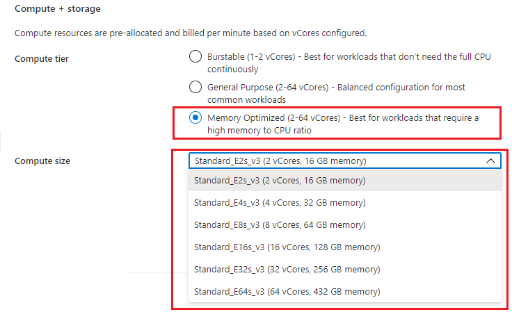 Screenshot that shows memory optimized compute.