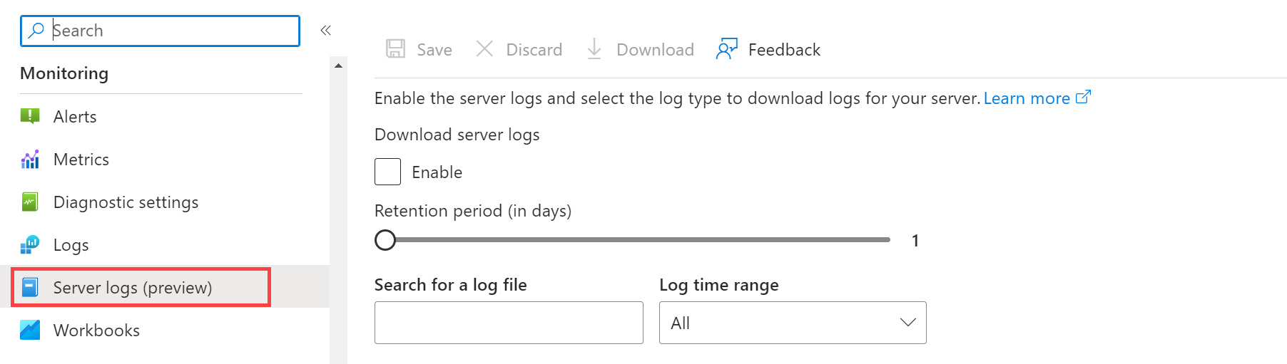 Screenshot showing Azure Database for PostgreSQL flexible server logs.