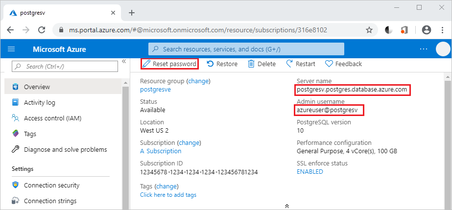 Screenshot of Azure Database for PostgreSQL server name.