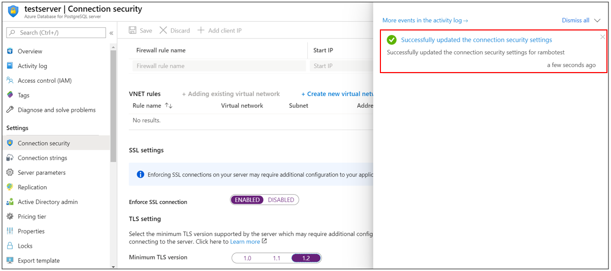 Azure Database for PostgreSQL - Single server TLS configuration success