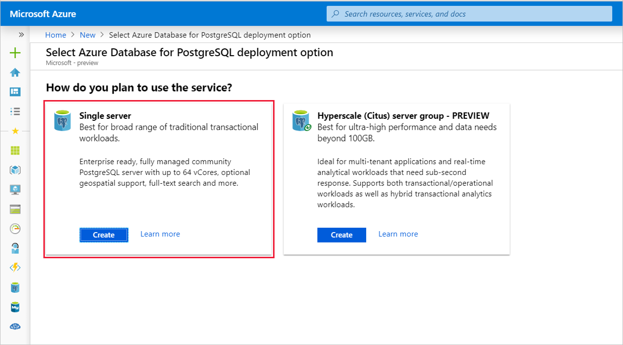 Select Azure Database for PostgreSQL - Single server deployment option