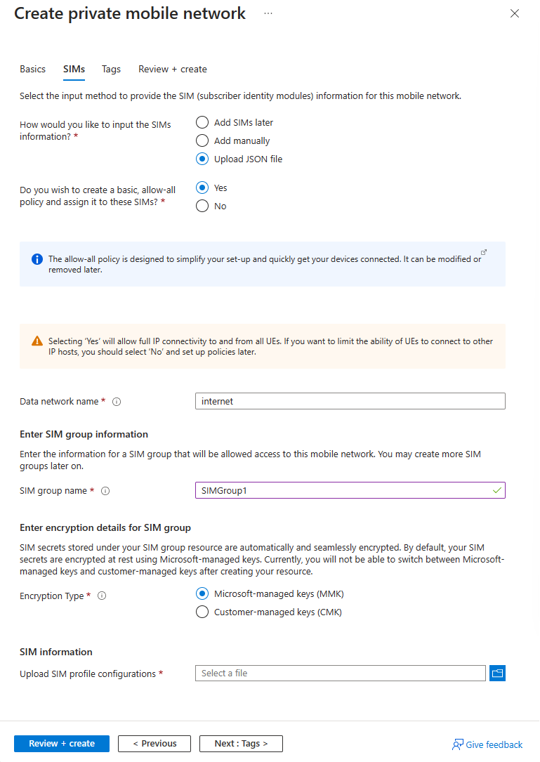 Screenshot of the Azure portal showing the SIMs configuration tab.