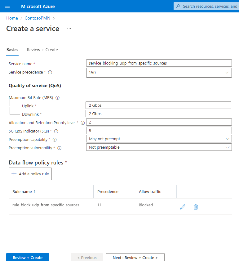 Screenshot of the Azure portal. It shows completed fields for a service to block UDP from specific sources, including data flow policy rules.