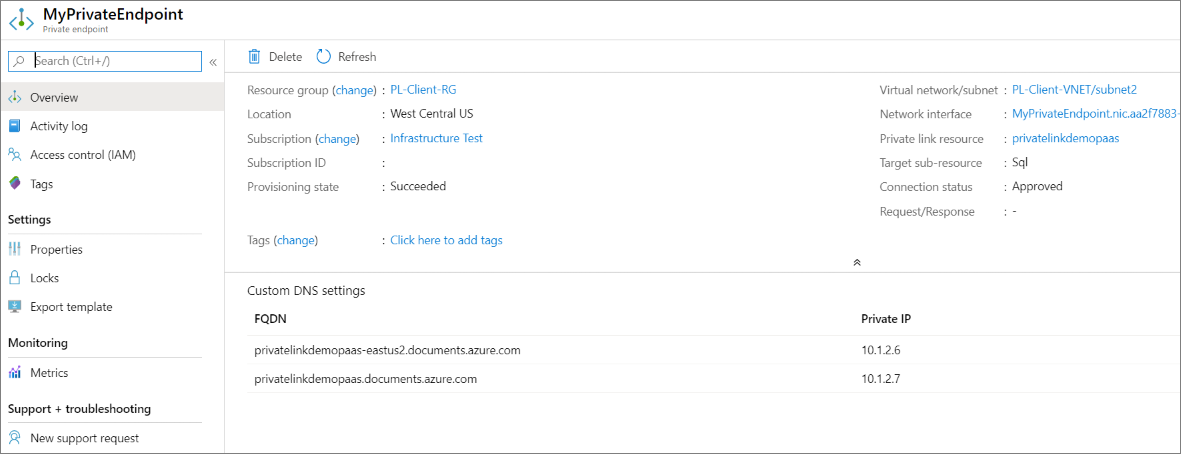 Screenshot of virtual network and DNS configuration.