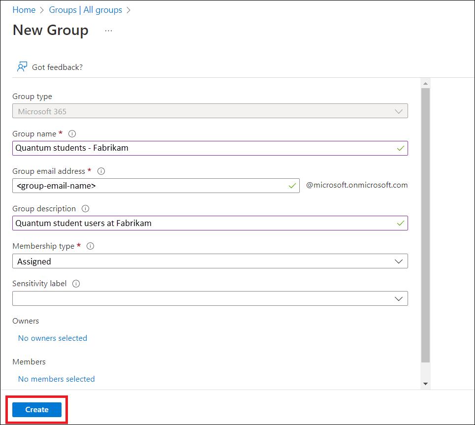 Screen shot showing how to fill out new group information.