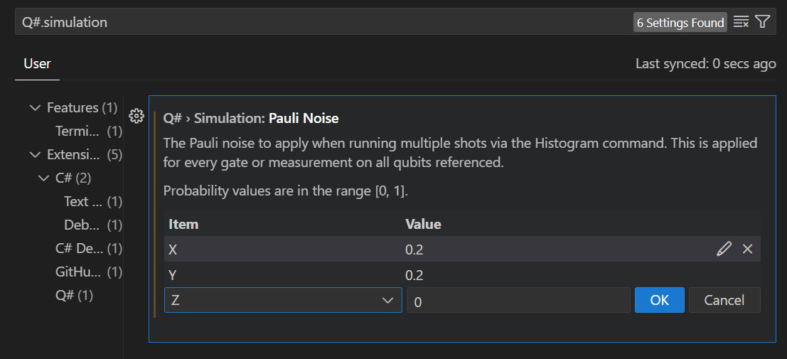 Screen shot showing settings for Q# noisy simulator.