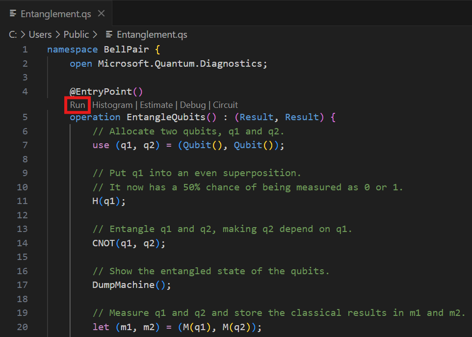 Screenshot of the Q# file in Visual Studio Code showing where to find the 'Run' command.