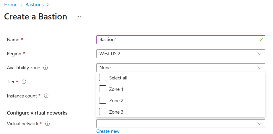 Screenshot showing the Availability zone setting while creating a Bastion resource.