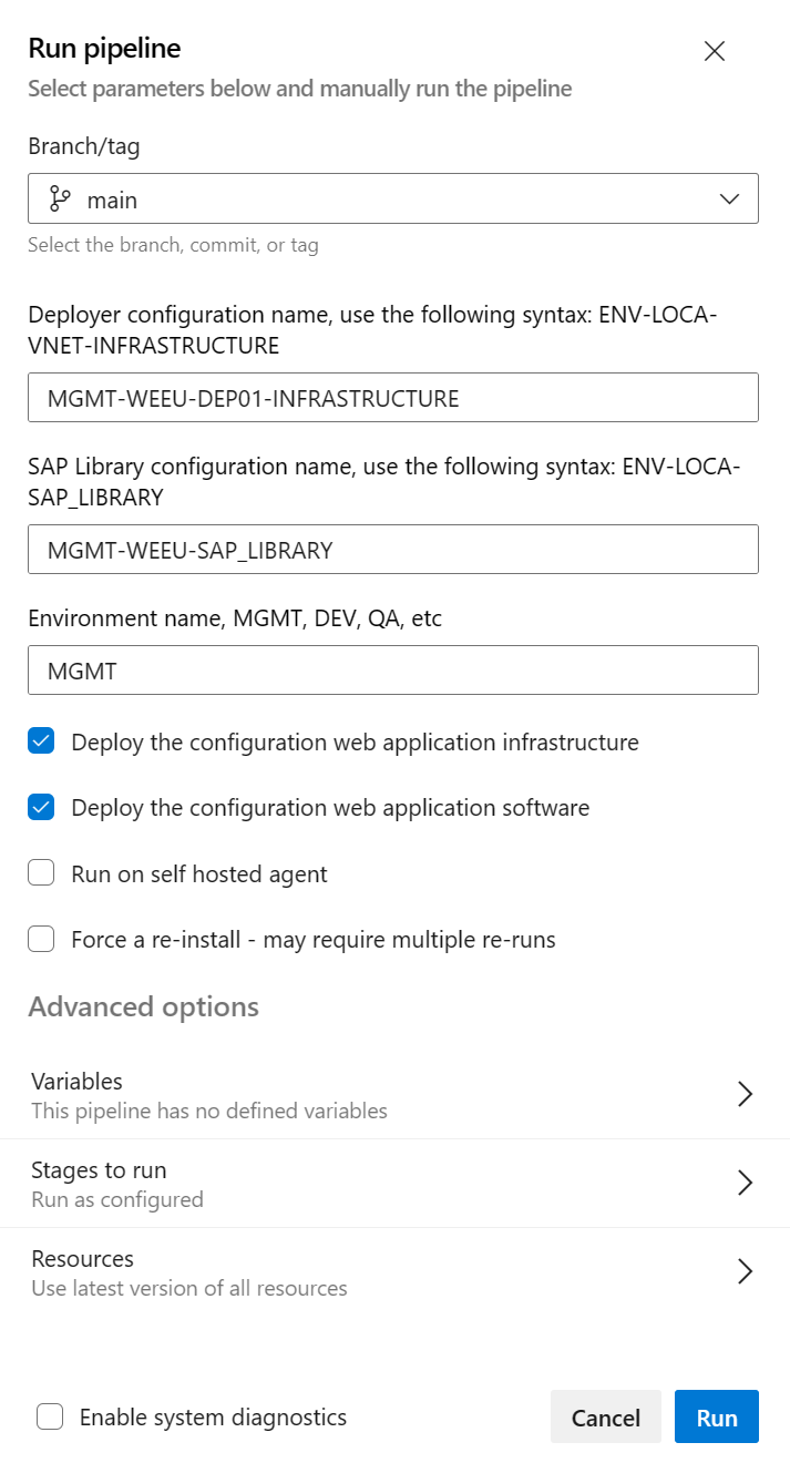 Screenshot that shows the DevOps tutorial Run pipeline dialog.