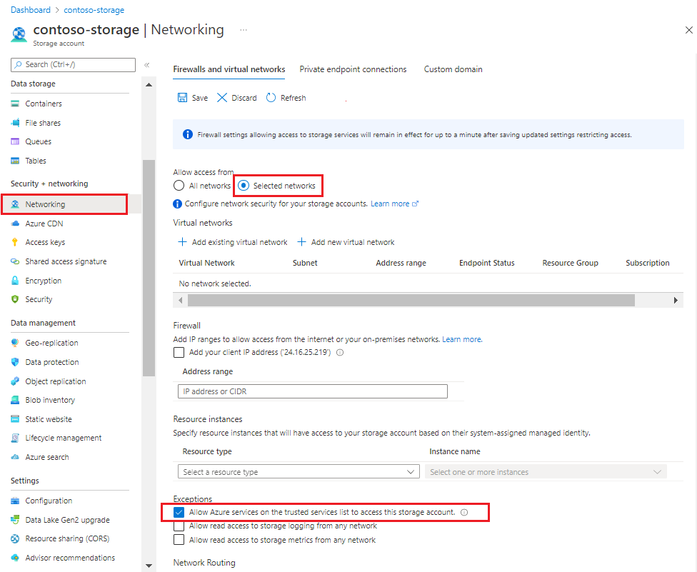 Screenshot of the firewall and networking page for Azure Storage in the portal.