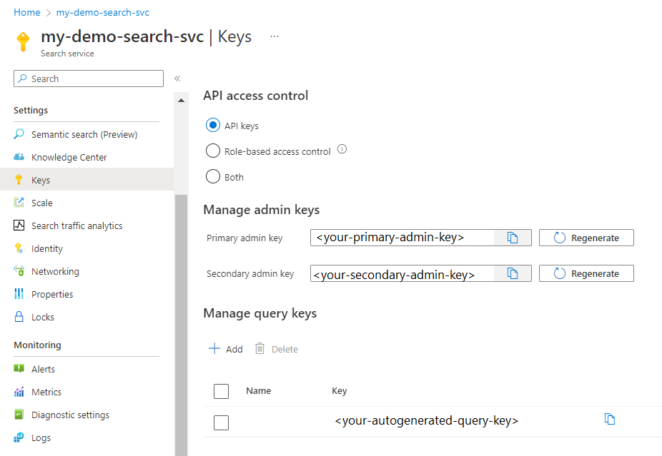 Screenshot of a portal page showing API keys.