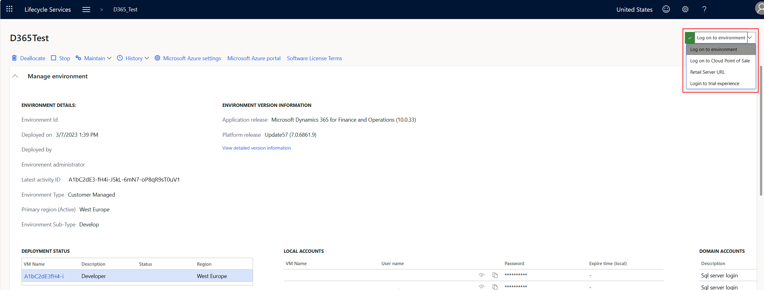 Screenshot of the Finance and Operations environment details.