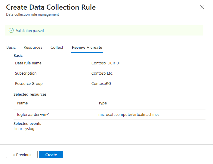 Screenshot showing how to review the configuration of the DCR and create it.