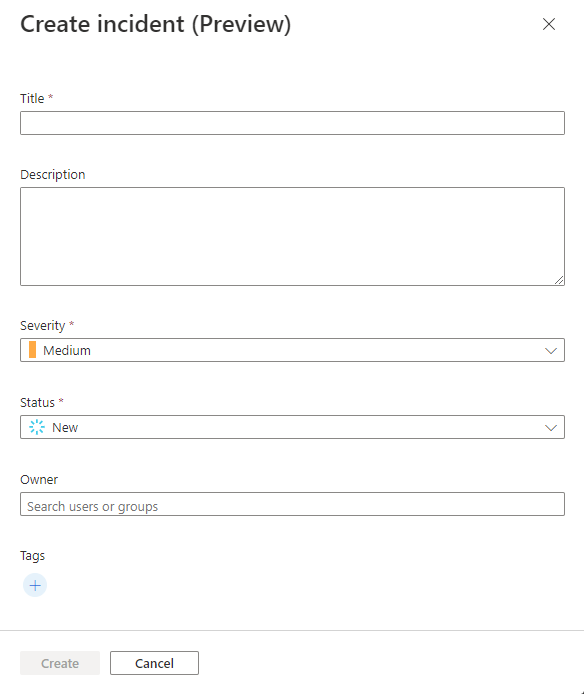 Screenshot of manual incident creation panel, all fields blank.