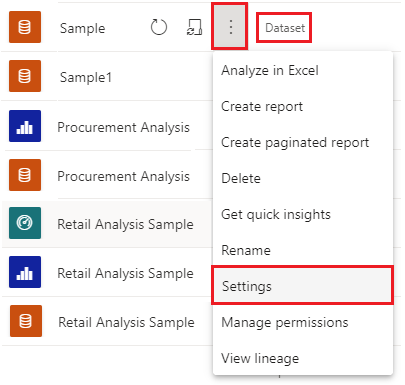 Screenshot showing Settings under More options in the Power BI report dataset.