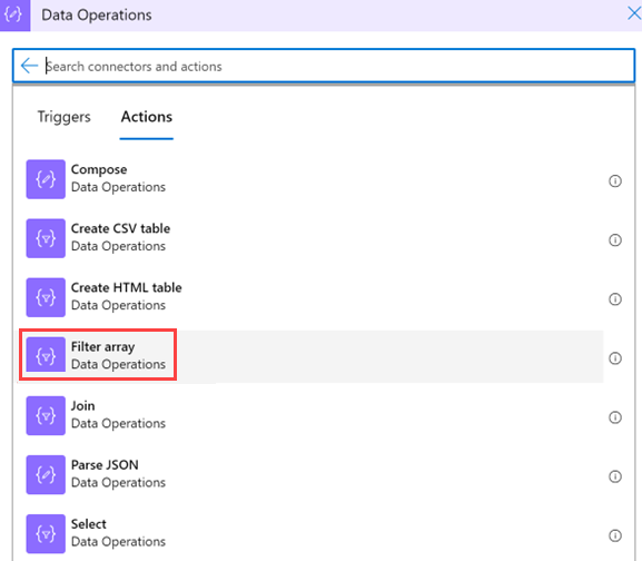 Screenshot of filtering an array and selecting data operations.