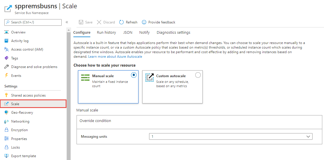 Service Bus Namespace - Scale page