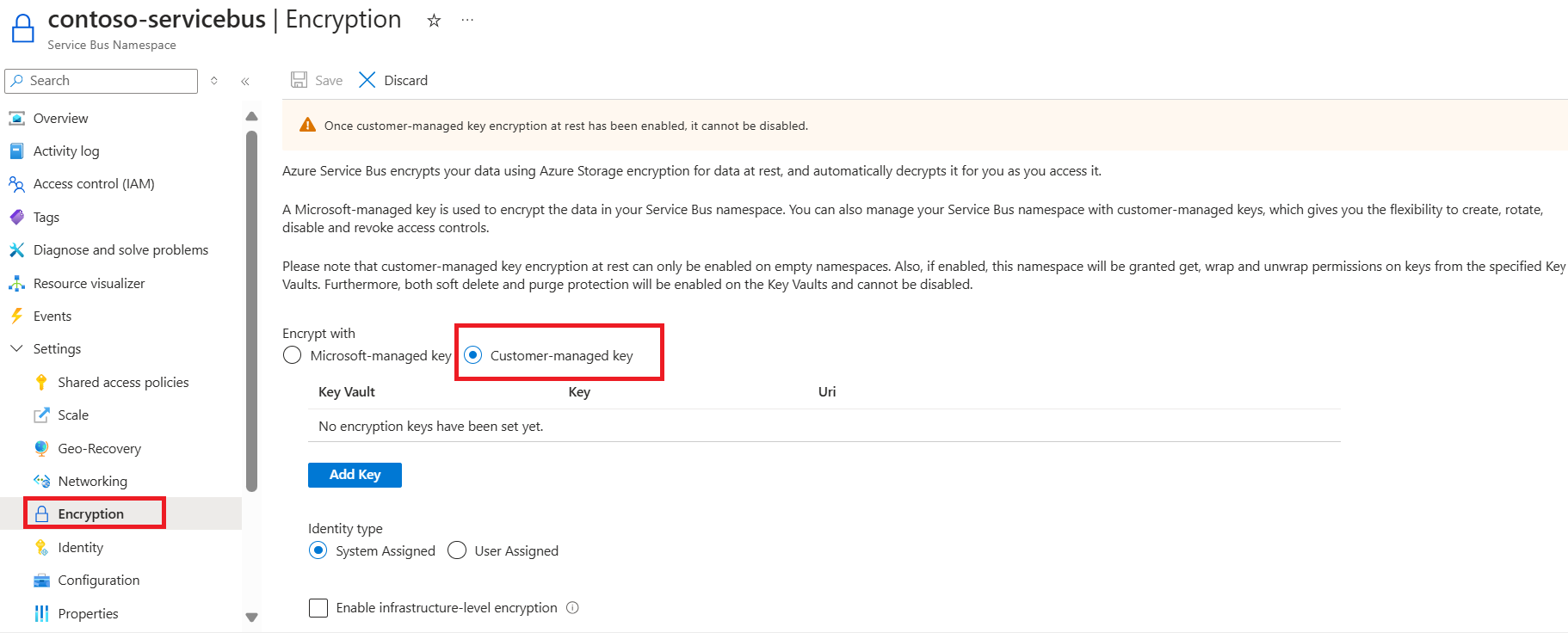 Screenshot showing how to enable a customer managed key.