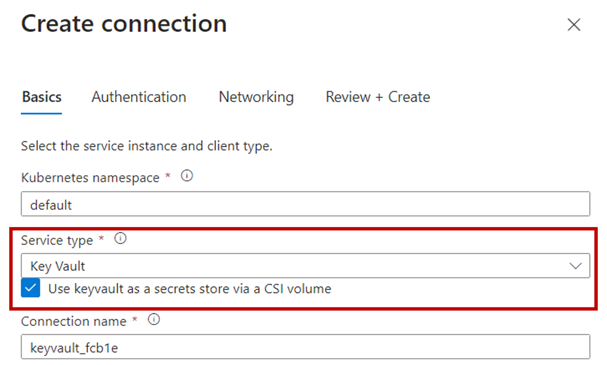 Screenshot of the Azure portal, enabling CSI driver for keyvault when creating a connection.