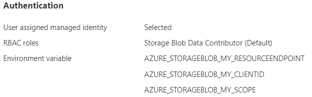 Screenshot of the Azure portal, showing a summary of connection authentication configuration.