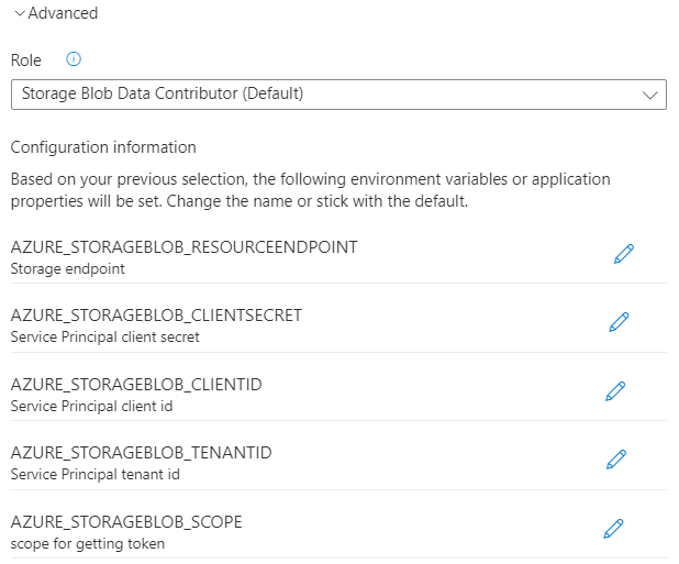 Screenshot of the Azure portal, showing advanced authentication configuration to authenticate with a service principal.