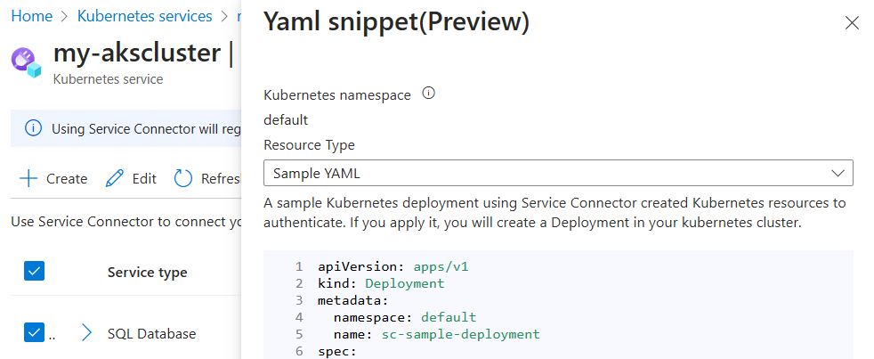 Screenshot of the Azure portal showing the sample YAML snippet to create a new connection to a SQL database in AKS.