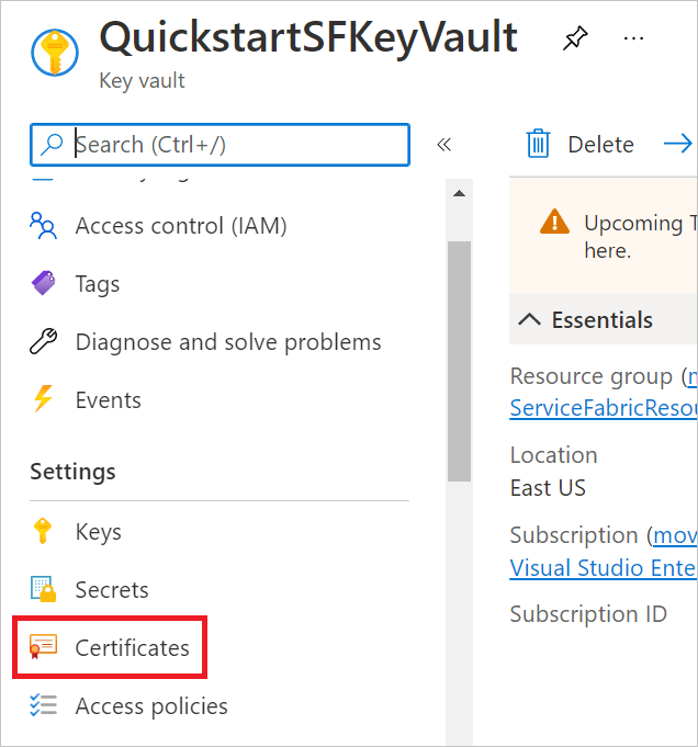 Screenshot of Certificates tab under Settings in the left pane, PNG.